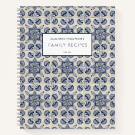 ヴィンテージブルーホワイトジオメトリックフラワーレシピ ノートブック