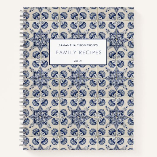 ヴィンテージブルーホワイトジオメトリックフラワーレシピ ノートブック (正面)