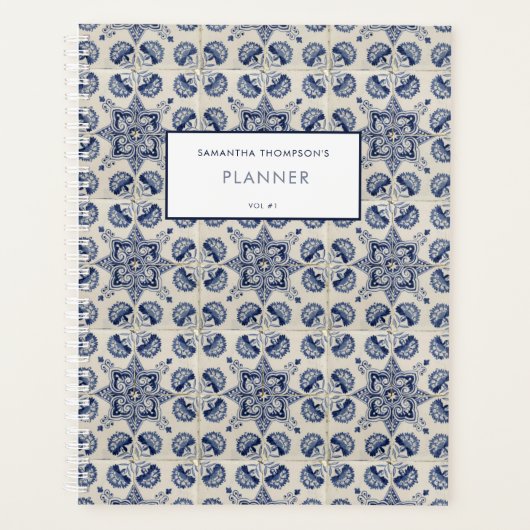 ヴィンテージブルーホワイトジオメトリックフラワーレシピ プランナー手帳 (正面)