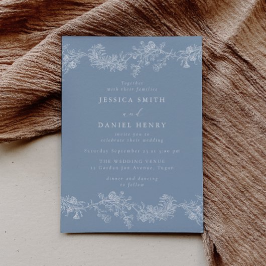 ヴィンテージブルーホワイトチノワセリー結婚フローラ 招待状