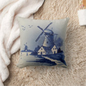 ヴィンテージブルーホワイトデルフトウィンドミル クッション (ブランケット)