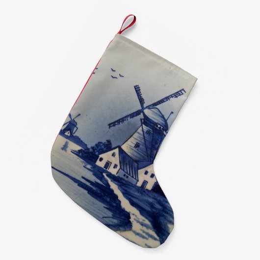 ヴィンテージブルーホワイトデルフトウィンドミル スモールクリスマスストッキング (正面 (吊り時))