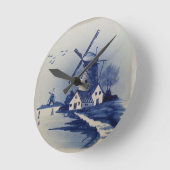 ヴィンテージブルーホワイトデルフトウィンドミル ラウンド壁時計 (傾斜)