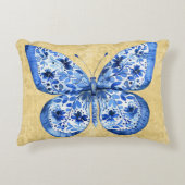 ヴィンテージブルーホワイトバタフライアンティーク金ゴールドダマスク アクセントクッション (正面)