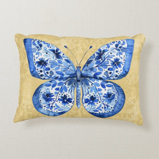 ヴィンテージブルーホワイトバタフライアンティーク金ゴールドダマスク アクセントクッション (裏面)