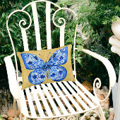 ヴィンテージブルーホワイトバタフライアンティーク金ゴールドダマスク アクセントクッション