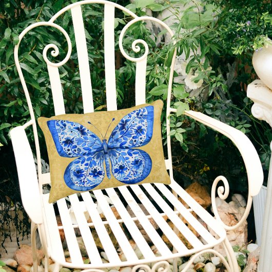 ヴィンテージブルーホワイトバタフライアンティーク金ゴールドダマスク アクセントクッション