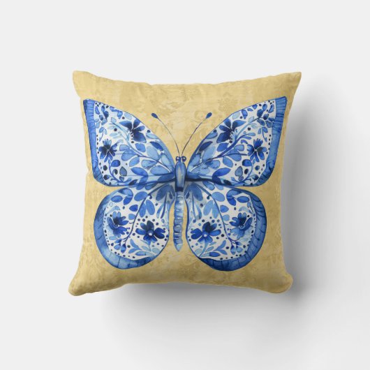 ヴィンテージブルーホワイトバタフライアンティーク金ゴールドダマスク クッション (裏面)