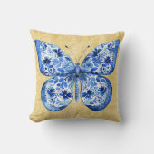 ヴィンテージブルーホワイトバタフライアンティーク金ゴールドダマスク クッション (正面)