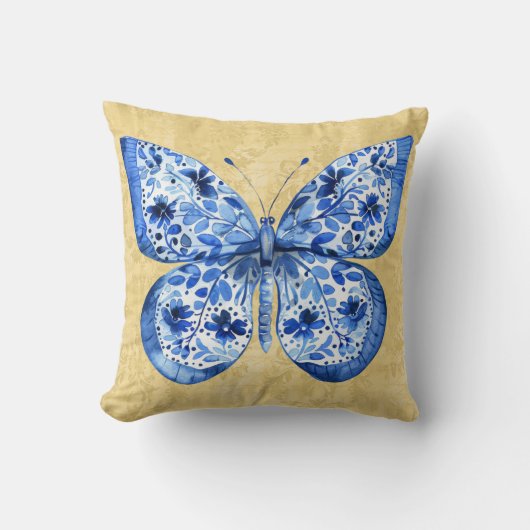 ヴィンテージブルーホワイトバタフライアンティーク金ゴールドダマスク クッション (正面)
