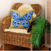 ヴィンテージブルーホワイトバタフライアンティーク金ゴールドダマスク クッション