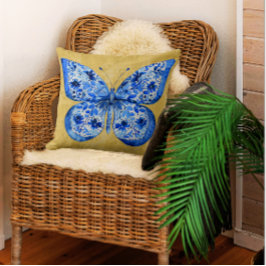 ヴィンテージブルーホワイトバタフライアンティーク金ゴールドダマスク クッション