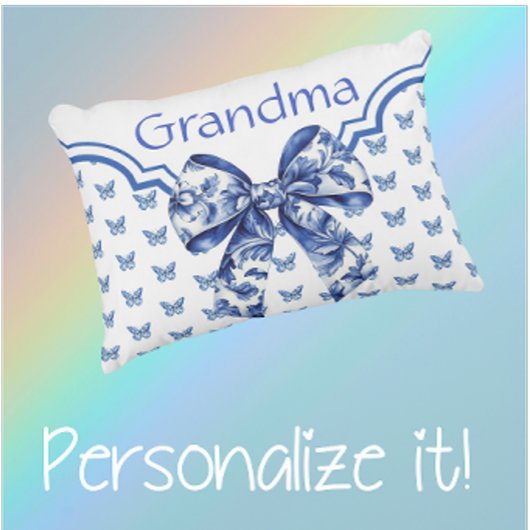 ヴィンテージブルーホワイトバタフライパーソナライズされたボウ アクセントクッション