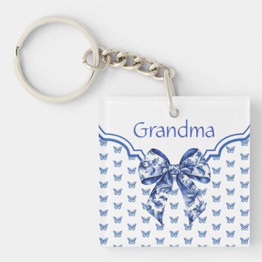 ヴィンテージブルーホワイトバタフライパーソナライズされたボウ キーホルダー (正面)