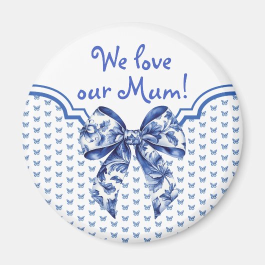 ヴィンテージブルーホワイトバタフライパーソナライズされたボウ マグネット (正面)