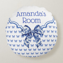 ヴィンテージブルーホワイトバタフライパーソナライズされたボウ ラウンドクッション