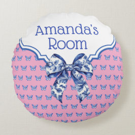 ヴィンテージブルーホワイトバタフライパーソナライズされたボウ ラウンドクッション