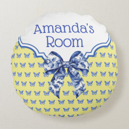 ヴィンテージブルーホワイトバタフライパーソナライズされたボウ ラウンドクッション