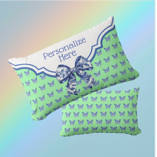 ヴィンテージブルーホワイトバタフライパーソナライズされたボウ ランバークッション
