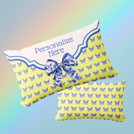 ヴィンテージブルーホワイトバタフライパーソナライズされたボウ ランバークッション