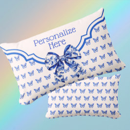 ヴィンテージブルーホワイトバタフライパーソナライズされたボウ ランバークッション