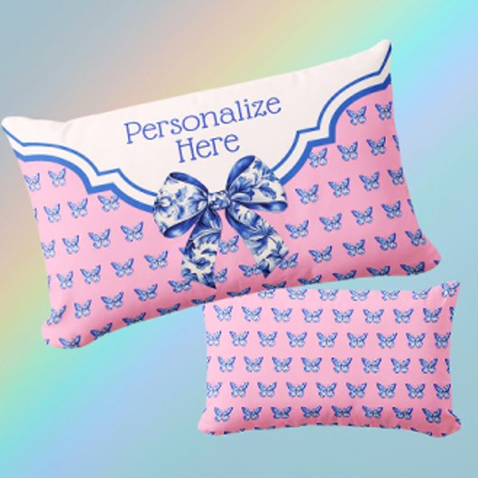 ヴィンテージブルーホワイトバタフライボウパーソナライズされたルンブ ランバークッション