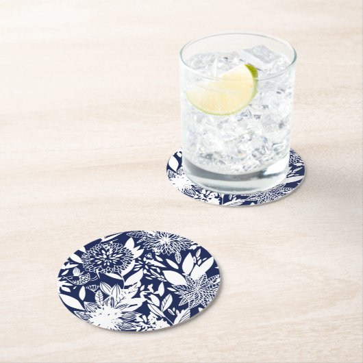 ヴィンテージブルーホワイトバードラブフローラガーデン ラウンドペーパーコースター (インサイチュ)