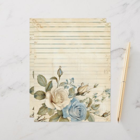 ヴィンテージブルーホワイトローズジャンクジャーナル紙 (正面/裏面インサイチュ)