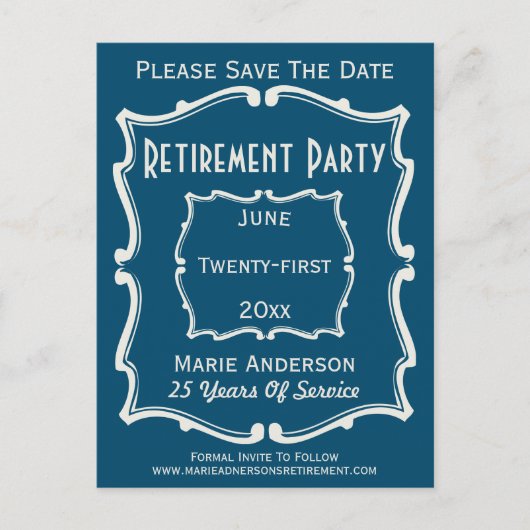 ヴィンテージブルーホワイト日付除・売却パーティーの保存 案内ポストカード (正面)