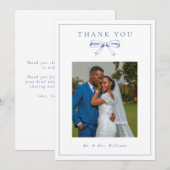 ヴィンテージブルーボウフォトフラッ結婚ト サンキューカード (正面/裏面)