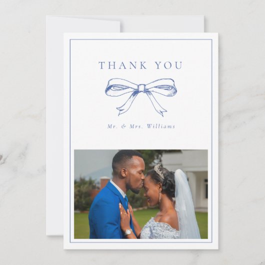 ヴィンテージブルーボウ氏ミセス・フォト・フラット結婚ズ サンキューカード (正面)