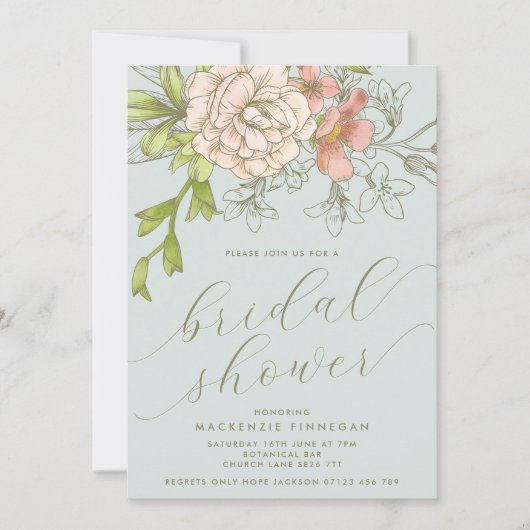 ヴィンテージブルーボタニカルフローラブライダルシャワー 招待状 (正面)