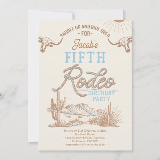 ヴィンテージブルーボーイズファーストロデオ5誕生日 招待状 (正面)