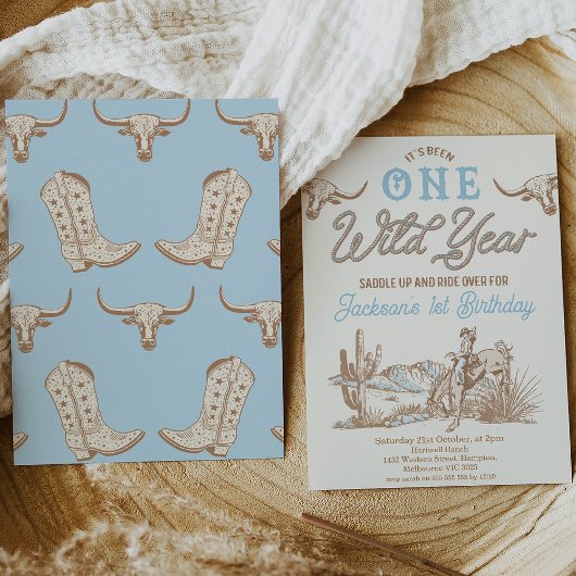 ヴィンテージブルーボーイズワイルドイヤー1歳の誕生日 招待状