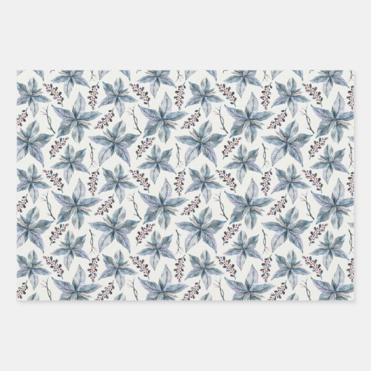 ヴィンテージブルーポインセチアのクリスマス ラッピングペーパーシート (正面3)