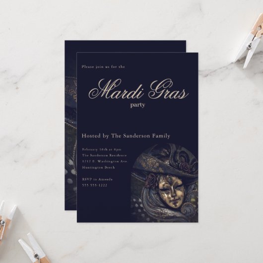 ヴィンテージブルーマルディグラカーニバルマスクパーティー 招待状 (正面/裏面インサイチュ)