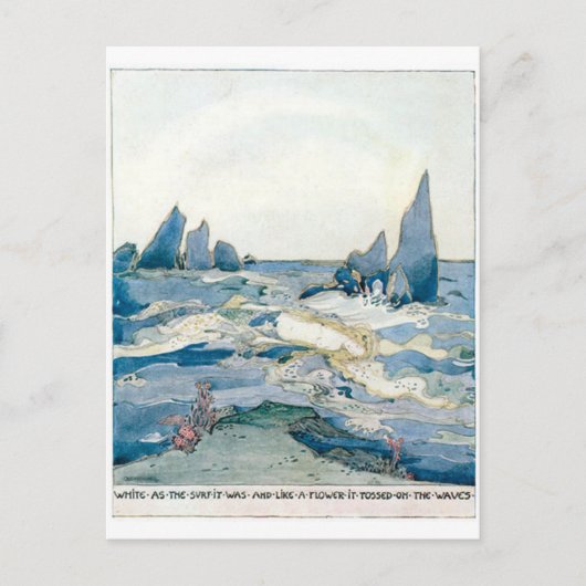 ヴィンテージブルーマーメイド海プリント ポストカード (正面)