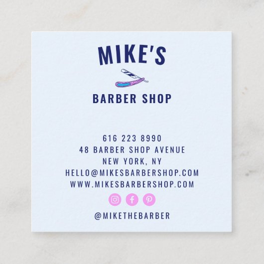 ヴィンテージブルーメンズバーバーショップカミソリ美容師 スクエア名刺 (裏面)