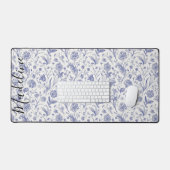 ヴィンテージブルーモダン&ホワイトワイルドフラワー名前をカスタムする デスクマット (キーボード&マウス)