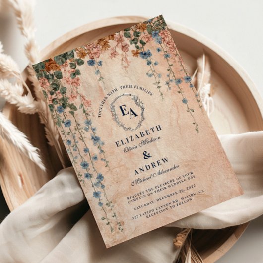 ヴィンテージブルーモーニンググローリー結婚ズ 招待状