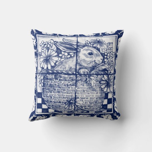 ヴィンテージブルーラビットフローラデダムデルフトコテージ クッション (裏面)