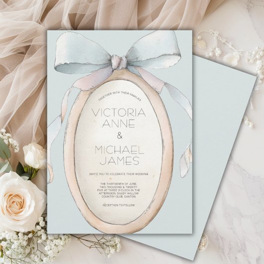ヴィンテージブルーリボン結婚式招待状 招待状