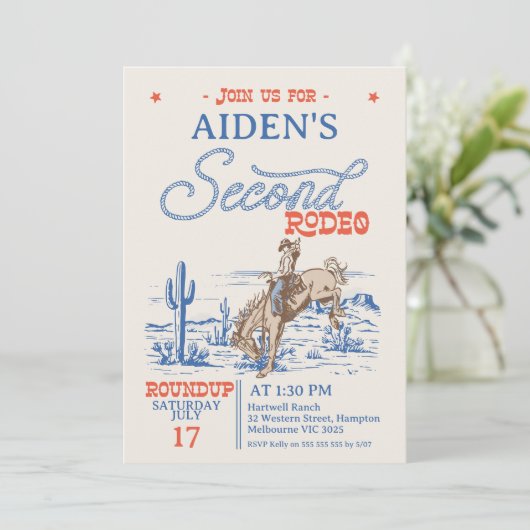 ヴィンテージブルーレッドブロンコ2ndロデオ2nd誕生日 招待状 (スタンド正面)