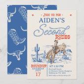 ヴィンテージブルーレッドブロンコ2ndロデオ2nd誕生日 招待状 (正面/裏面)