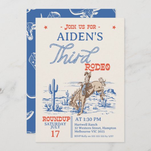 ヴィンテージブルーレッドブロンコ3rdロデオ3rd誕生日 招待状 (正面/裏面)