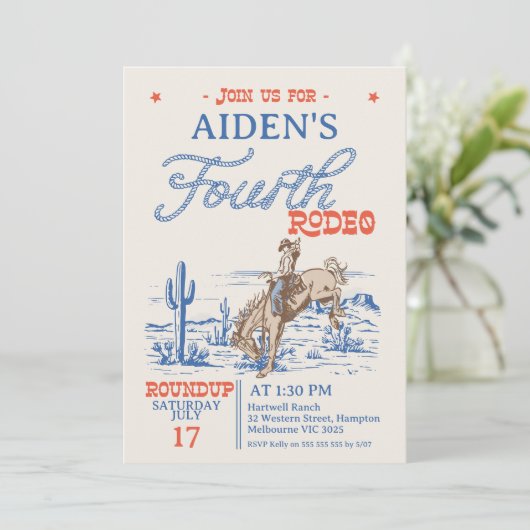 ヴィンテージブルーレッドブロンコ4thロデオ4th誕生日 招待状 (スタンド正面)