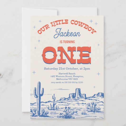 ヴィンテージブルーレッドリトルカウボーイ1st誕生日 招待状 (正面)