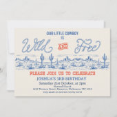 ヴィンテージブルーレッドロデオワイルドフリー3誕生日 招待状 (正面)