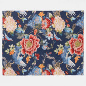 ヴィンテージブルーレッドchinoiserieフローラ フリースブランケット (正面(横))