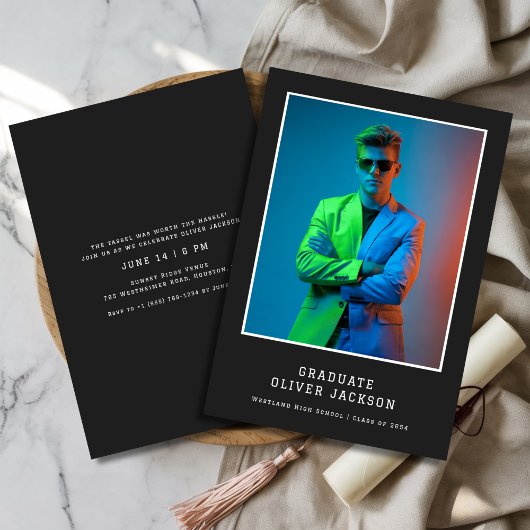 ヴィンテージブルーレトロ卒業写真 招待状